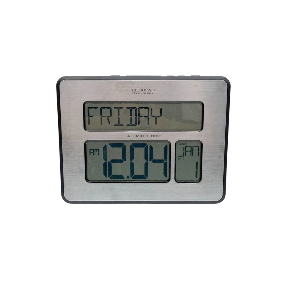 La Crosse Technology C86286 Atomic Full Calendar Digital Silver Wall Clock EUC